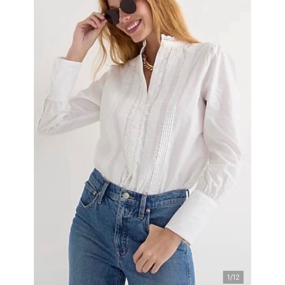 J.Crew White Cotton Pintuck Lace Trim Re-Imagined Blouse Band Collar Top